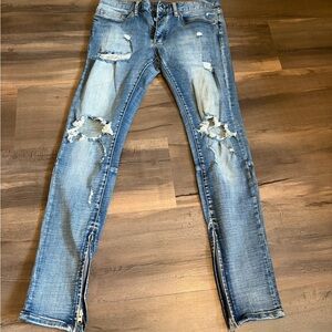 Mens MNML Light Blue Distressed Skinny Jeans with Ankle Zips Size 31